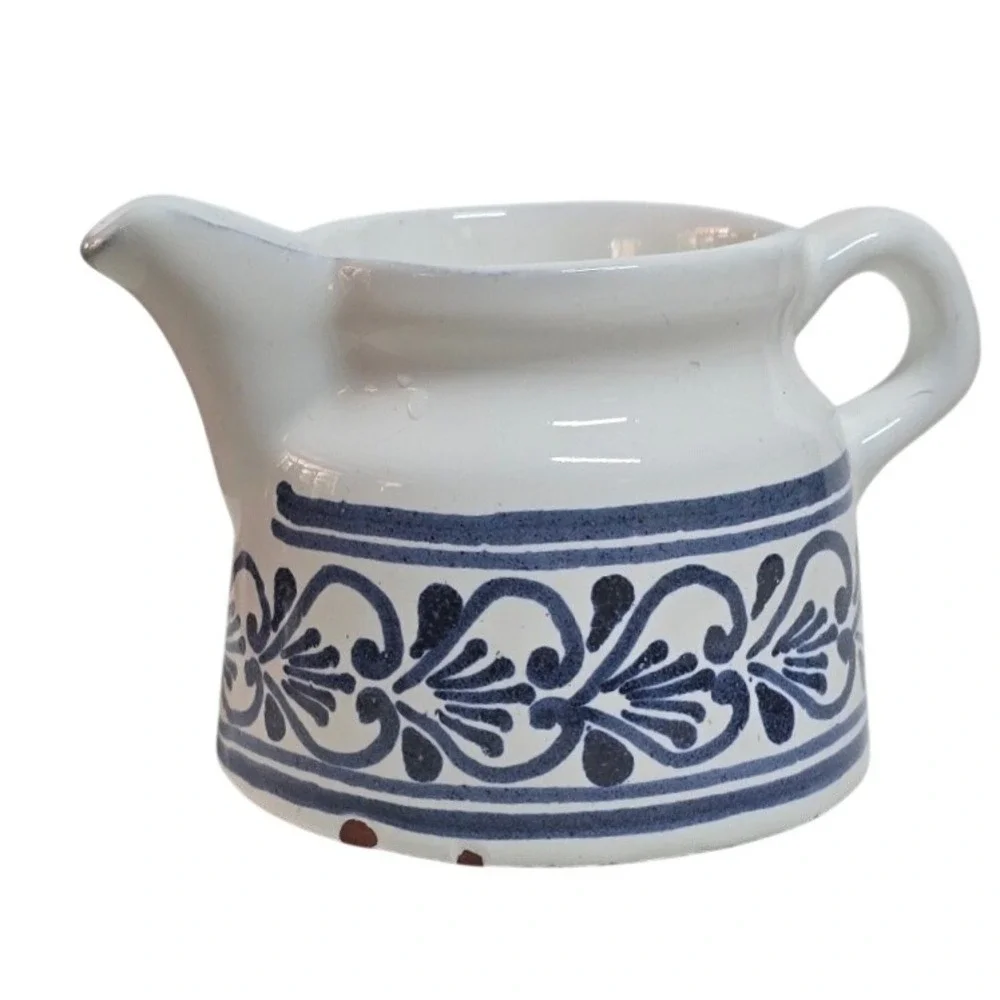 Vintage Varoslodi Majolik Hungary Blue White Ceramic Milk Creamer Pitcher 5in